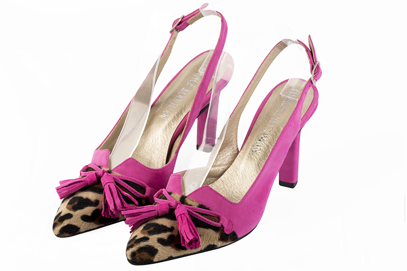 Safari black and fuschia pink women's open back shoes, with a knot. Tapered toe. High slim heel. Front view - Florence KOOIJMAN